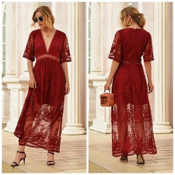 Southern Fried Chics Red Lace Maxi Dress XS NWT Romantic Boho Sheer Overlay NWT - Picture 1 of 16